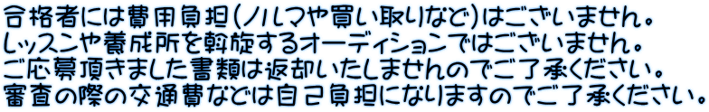 合格者には費用負担（ノルマや買い取りなど）はございません。 レッスンや養成所を斡旋するオーディションではございません。 ご応募頂きました書類は返却いたしませんのでご了承ください。 審査の際の交通費などは自己負担になりますのでご了承ください。